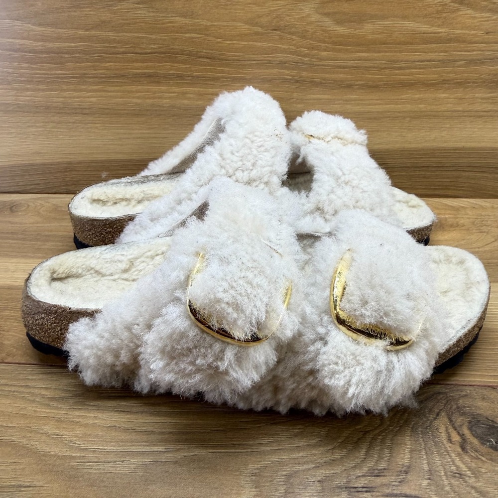 Birkenstock Arizona Big Buckle Shearling Fur Sandal 7 N EU 38 Eggshell Sherpa